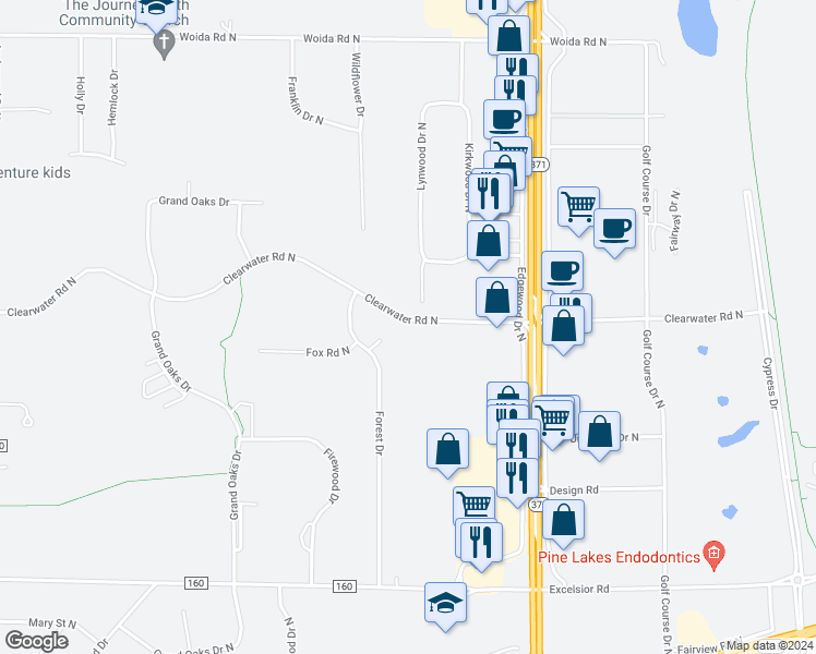 map of restaurants, bars, coffee shops, grocery stores, and more near 7273 Clearwater Road North in Baxter