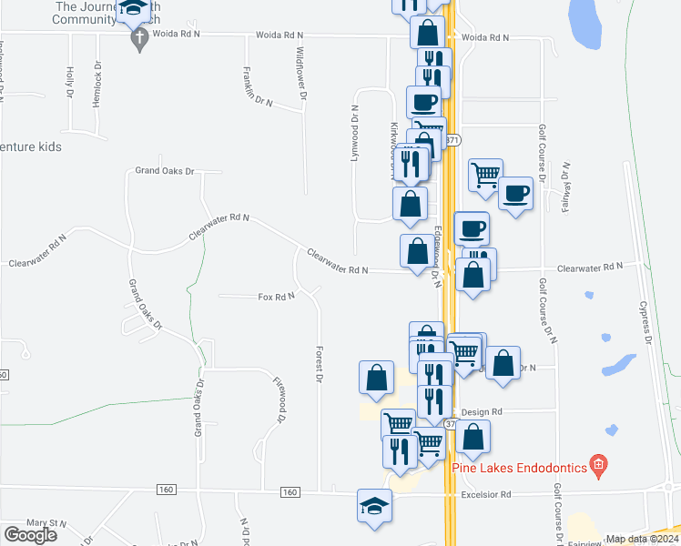 map of restaurants, bars, coffee shops, grocery stores, and more near 7273 Clearwater Road North in Baxter