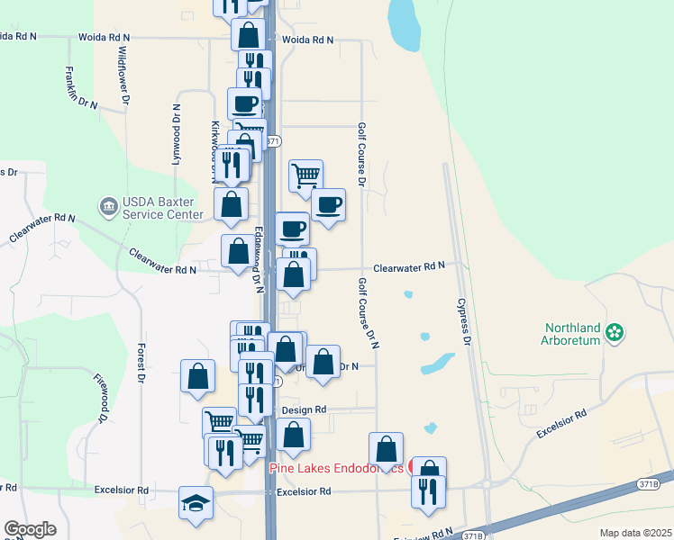 map of restaurants, bars, coffee shops, grocery stores, and more near 14275 Golf Course Drive in Baxter