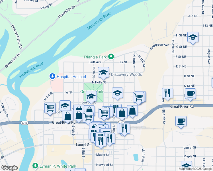 map of restaurants, bars, coffee shops, grocery stores, and more near 520 North 7th Street in Brainerd
