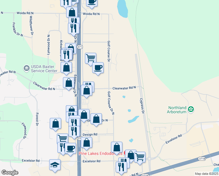 map of restaurants, bars, coffee shops, grocery stores, and more near 14275 Golf Course Drive in Baxter
