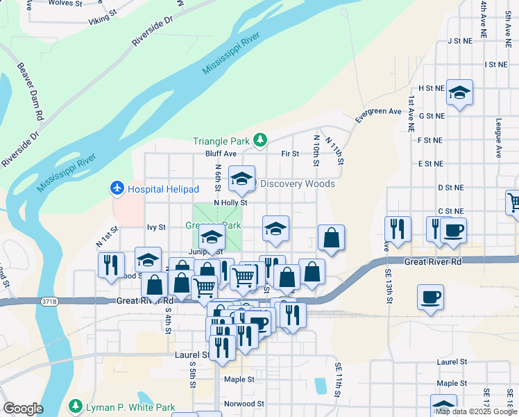 map of restaurants, bars, coffee shops, grocery stores, and more near 520 North 7th Street in Brainerd