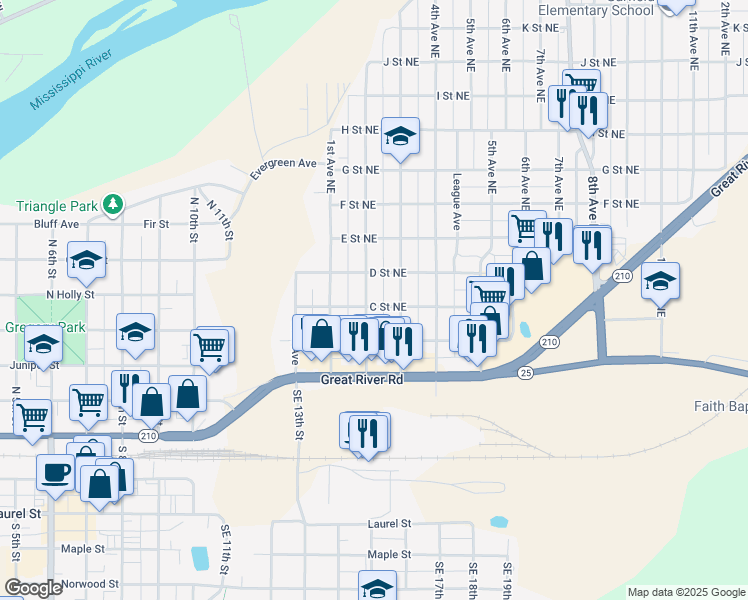 map of restaurants, bars, coffee shops, grocery stores, and more near 302 2nd Avenue Northeast in Brainerd