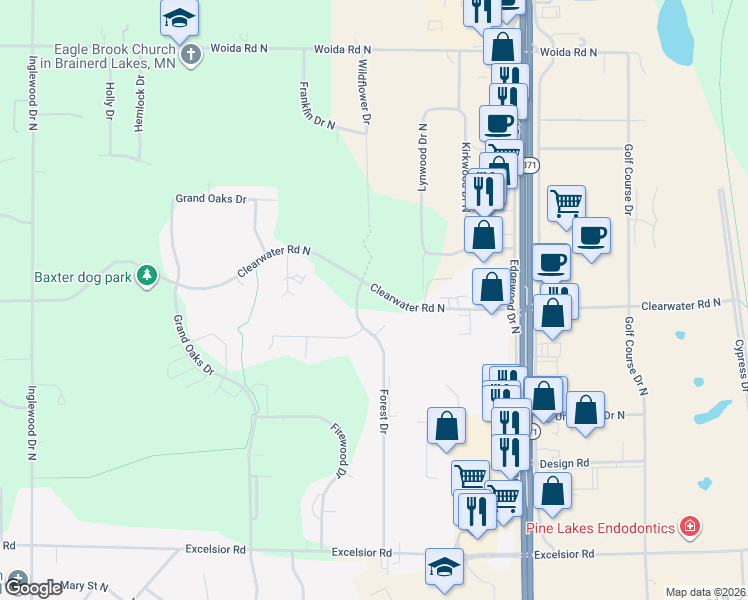 map of restaurants, bars, coffee shops, grocery stores, and more near 7205 Clearwater Road North in Baxter