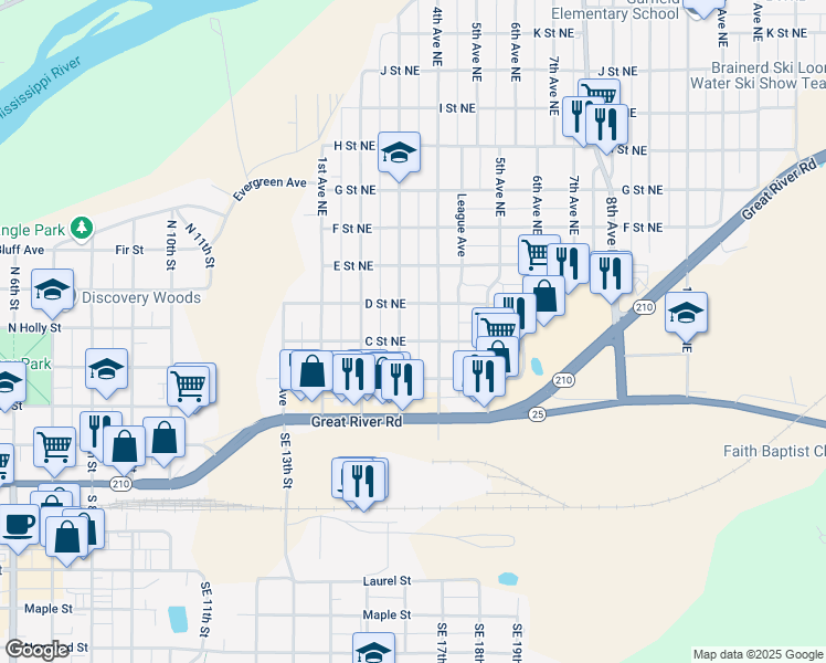 map of restaurants, bars, coffee shops, grocery stores, and more near 308 3rd Avenue Northeast in Brainerd