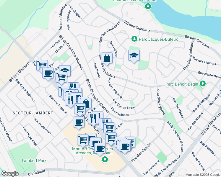 map of restaurants, bars, coffee shops, grocery stores, and more near 1598 Rue de Longueuil in Trois-Rivières
