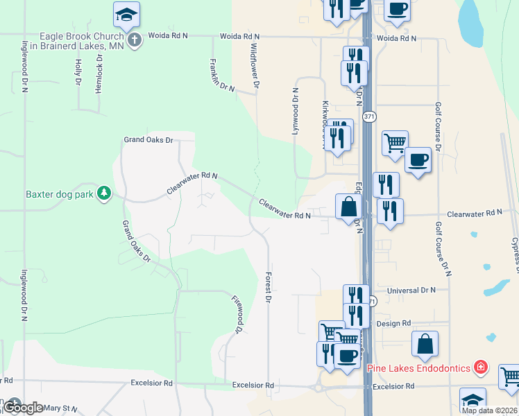 map of restaurants, bars, coffee shops, grocery stores, and more near 7205 Clearwater Road North in Baxter