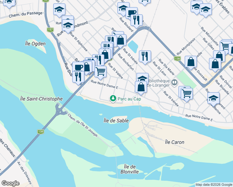 map of restaurants, bars, coffee shops, grocery stores, and more near 20 Rue Lanouette in Trois-Rivières