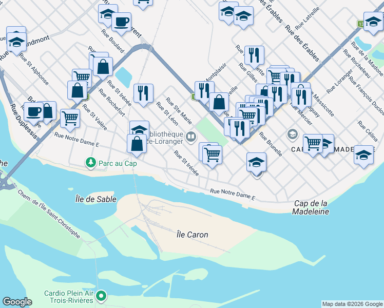 map of restaurants, bars, coffee shops, grocery stores, and more near 57 Rue Paré in Trois-Rivières