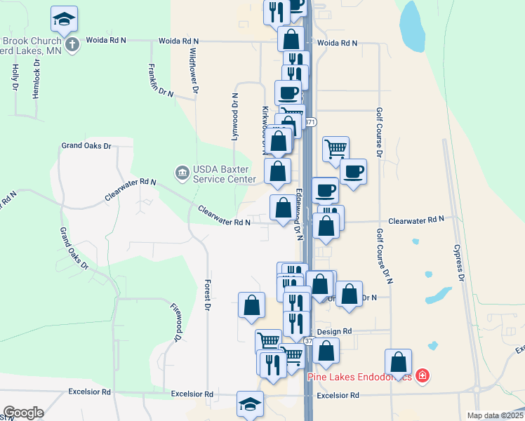 map of restaurants, bars, coffee shops, grocery stores, and more near 7366 Clearwater Road North in Baxter