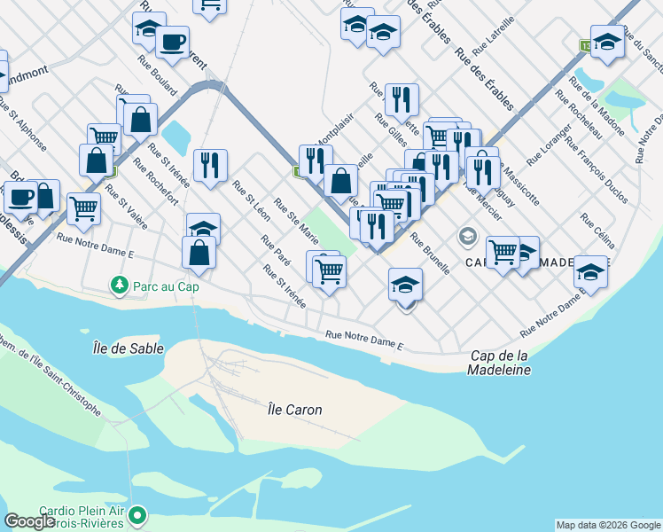 map of restaurants, bars, coffee shops, grocery stores, and more near 19 B Rue Sainte Marie in Trois-Rivières