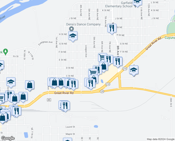 map of restaurants, bars, coffee shops, grocery stores, and more near 302 4th Avenue Northeast in Brainerd
