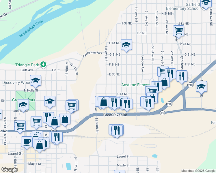 map of restaurants, bars, coffee shops, grocery stores, and more near 104 D Street Northeast in Brainerd