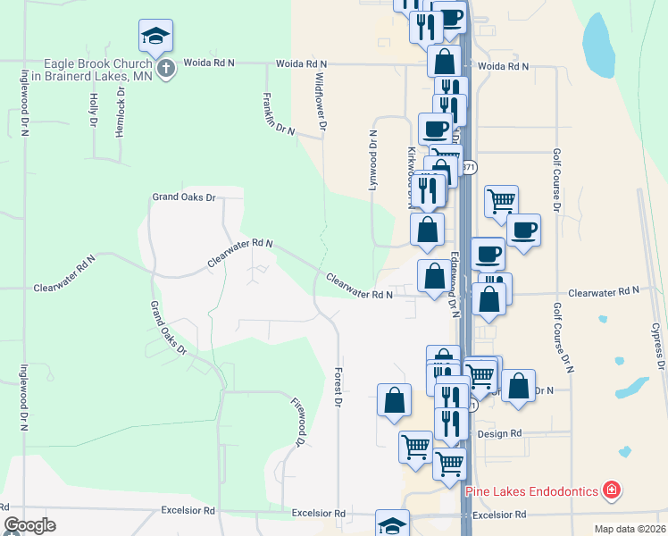 map of restaurants, bars, coffee shops, grocery stores, and more near 14663 Wildflower Drive in Baxter