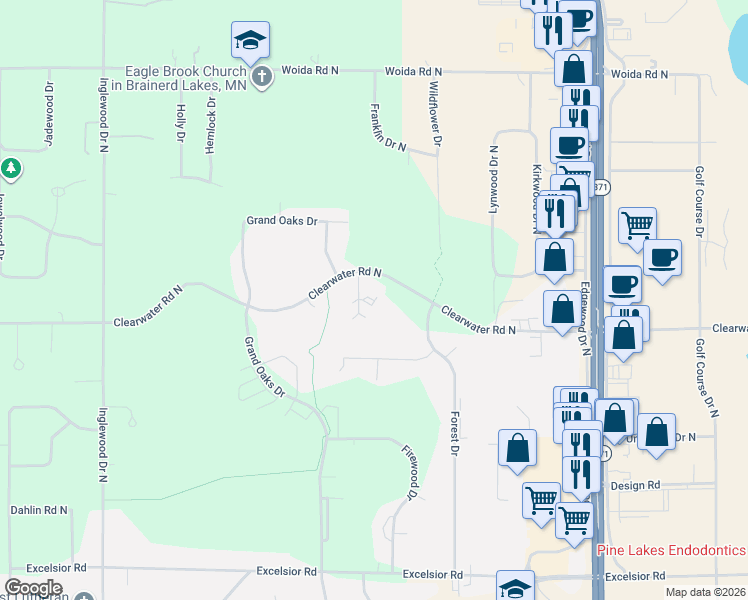 map of restaurants, bars, coffee shops, grocery stores, and more near 7025 Clearwater Road North in Baxter