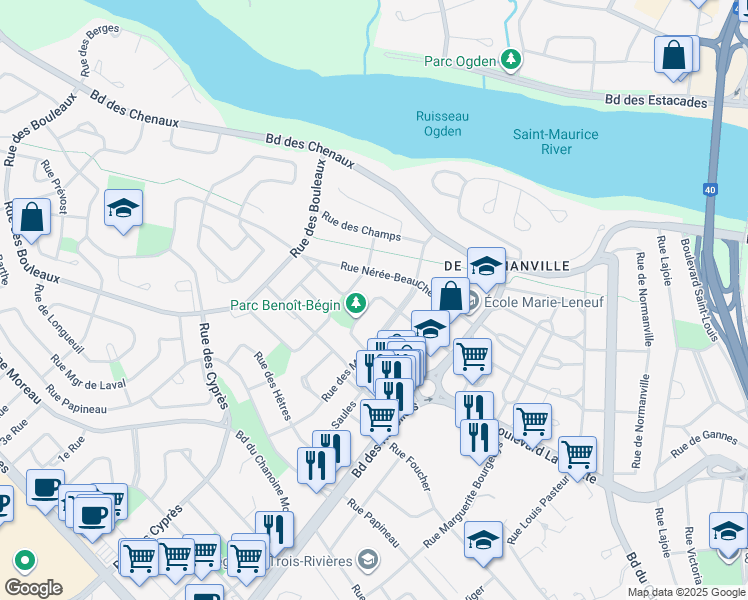 map of restaurants, bars, coffee shops, grocery stores, and more near Rue des Peupliers in Trois-Rivières