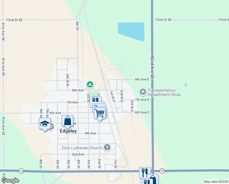 map of restaurants, bars, coffee shops, grocery stores, and more near 109 8th Avenue East in Edgeley