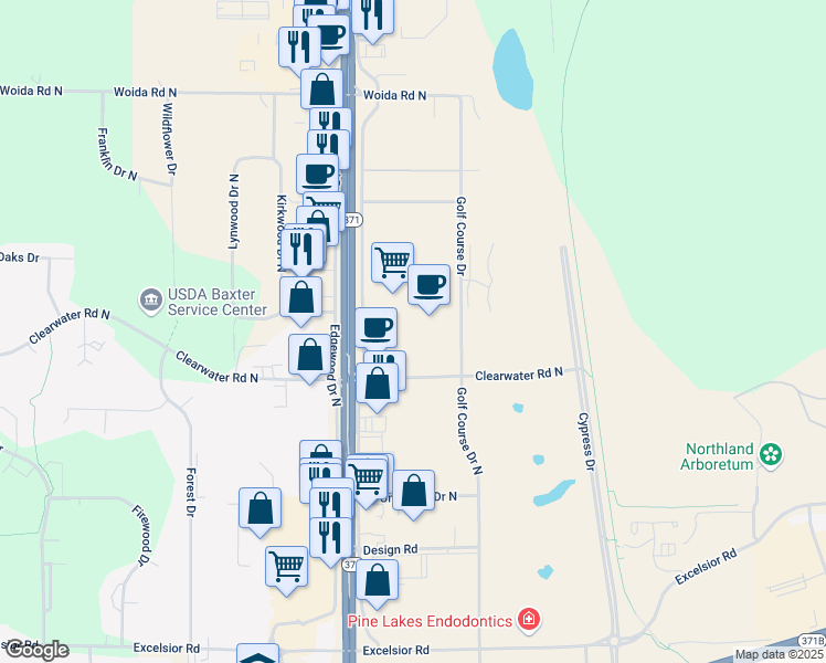 map of restaurants, bars, coffee shops, grocery stores, and more near 14546 Dellwood Drive North in Baxter