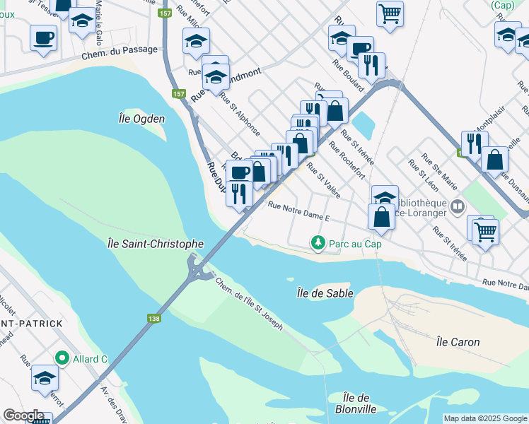 map of restaurants, bars, coffee shops, grocery stores, and more near 14 Rue Fusey in Trois-Rivières