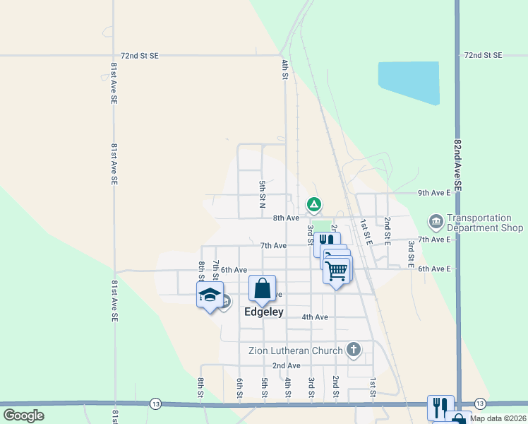 map of restaurants, bars, coffee shops, grocery stores, and more near 420 8th Avenue in Edgeley
