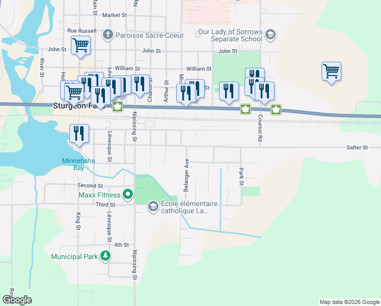 map of restaurants, bars, coffee shops, grocery stores, and more near 270 Belanger Street in Sturgeon Falls