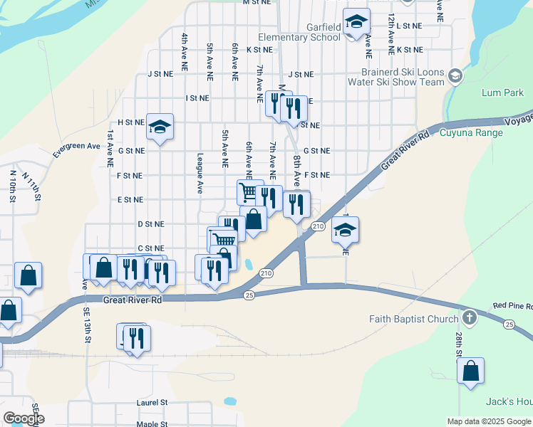 map of restaurants, bars, coffee shops, grocery stores, and more near 407 8th Avenue Northeast in Brainerd