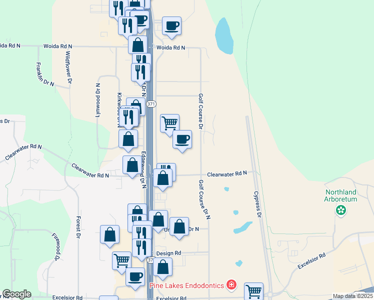 map of restaurants, bars, coffee shops, grocery stores, and more near 14546 Dellwood Drive North in Baxter