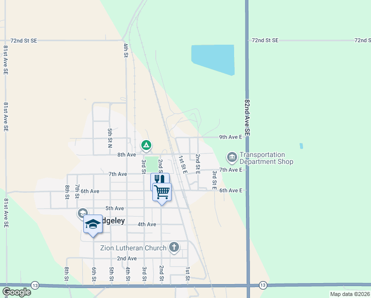 map of restaurants, bars, coffee shops, grocery stores, and more near 109 8th Avenue East in Edgeley