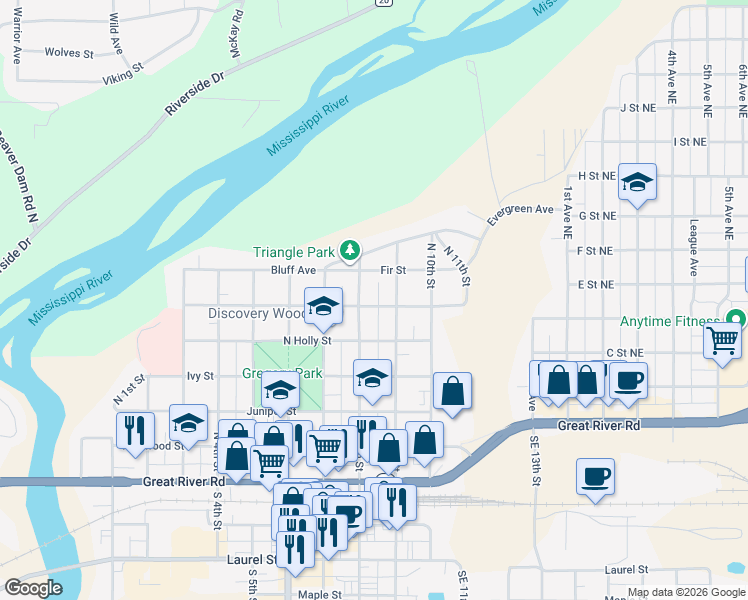 map of restaurants, bars, coffee shops, grocery stores, and more near 809 Grove Street in Brainerd