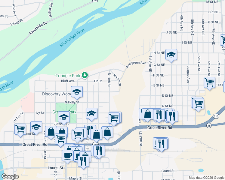 map of restaurants, bars, coffee shops, grocery stores, and more near 1007 Grove Street in Brainerd