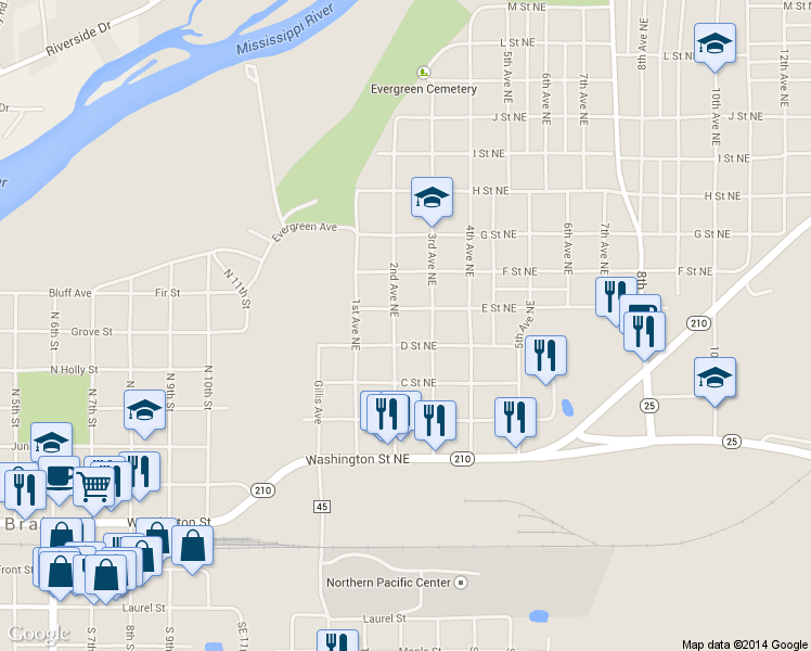 map of restaurants, bars, coffee shops, grocery stores, and more near 416 2nd Avenue Northeast in Brainerd