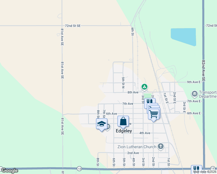 map of restaurants, bars, coffee shops, grocery stores, and more near 811 6th Avenue in Edgeley