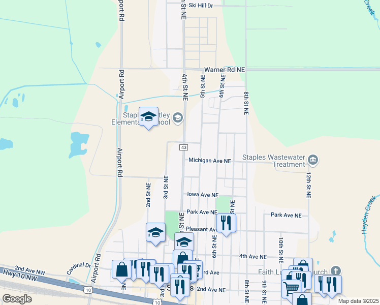 map of restaurants, bars, coffee shops, grocery stores, and more near 908 4th Street Northeast in Staples
