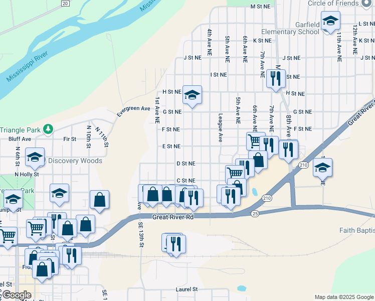 map of restaurants, bars, coffee shops, grocery stores, and more near 416 2nd Avenue Northeast in Brainerd