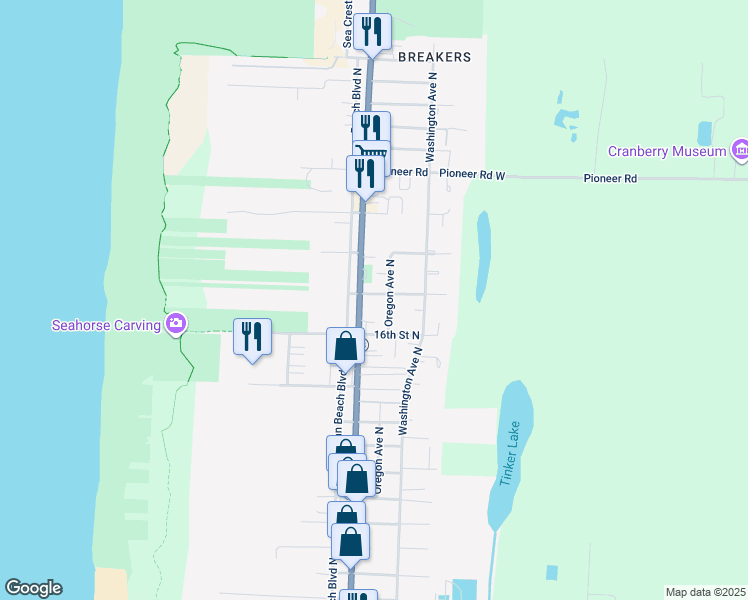 map of restaurants, bars, coffee shops, grocery stores, and more near 105 17th Street North in Long Beach