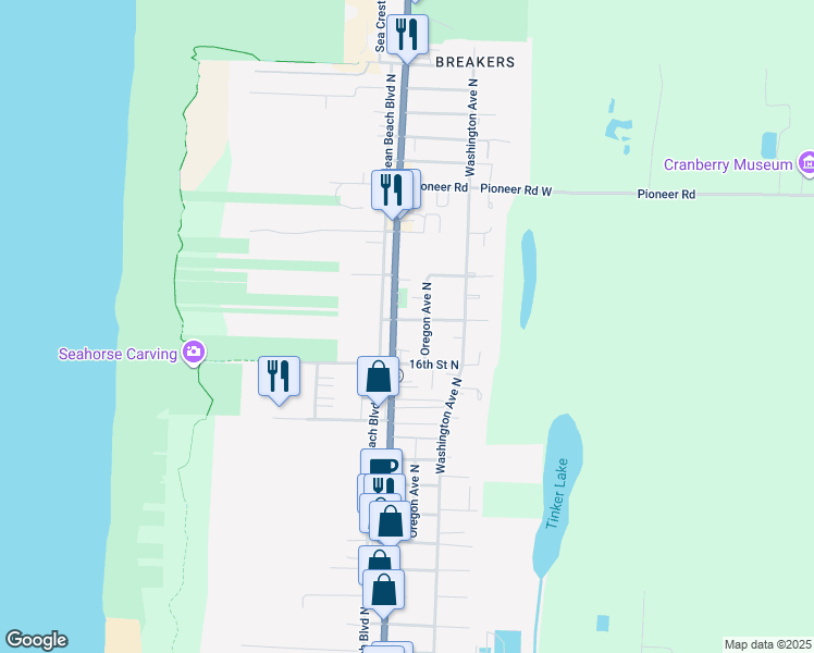 map of restaurants, bars, coffee shops, grocery stores, and more near 105 17th Street North in Long Beach