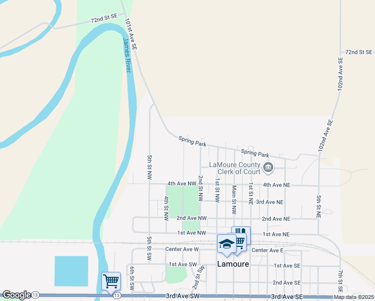 map of restaurants, bars, coffee shops, grocery stores, and more near 512 2nd Street Northwest in LaMoure