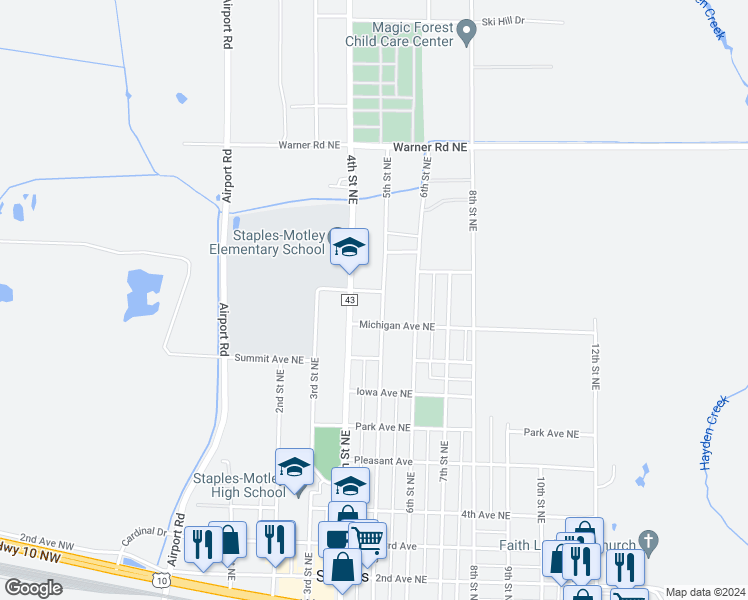 map of restaurants, bars, coffee shops, grocery stores, and more near 908 4th Street Northeast in Staples