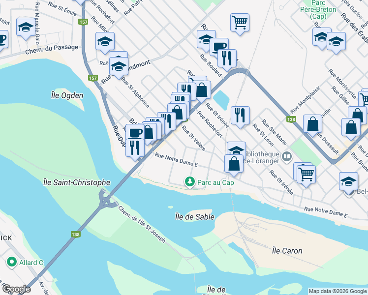 map of restaurants, bars, coffee shops, grocery stores, and more near 15 Rue Saint Alphonse in Trois-Rivières