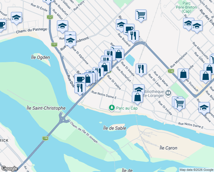 map of restaurants, bars, coffee shops, grocery stores, and more near 25 Rue Saint Alphonse in Trois-Rivières