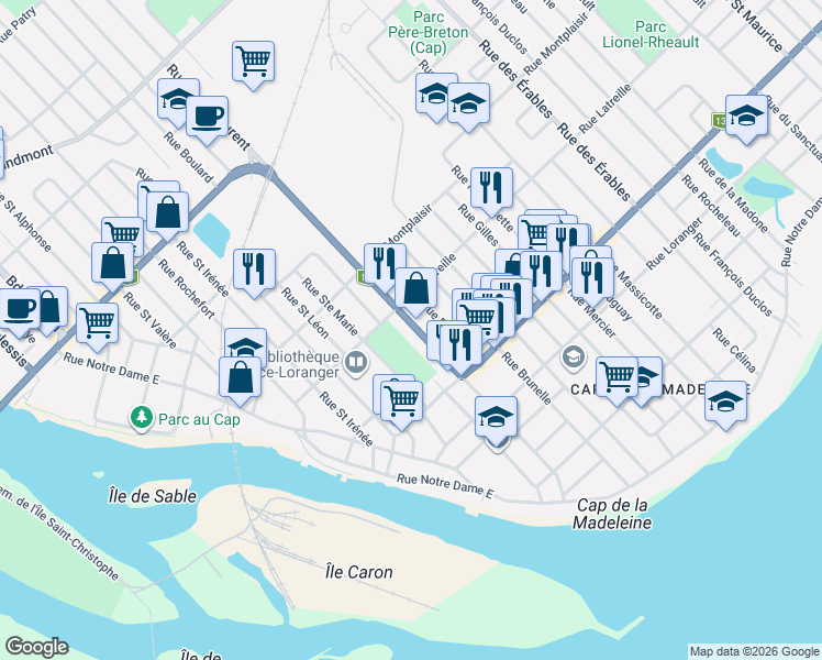 map of restaurants, bars, coffee shops, grocery stores, and more near 165 Rue Saint-Laurent in Trois-Rivières