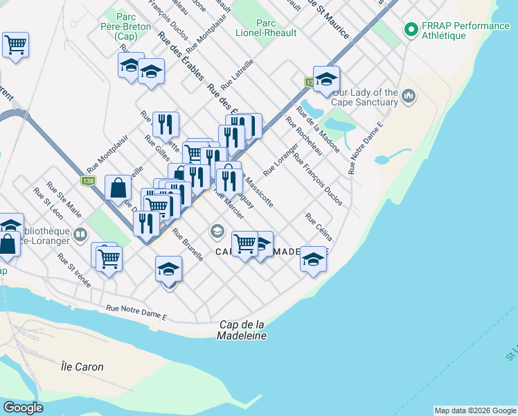 map of restaurants, bars, coffee shops, grocery stores, and more near 64 Rue Duguay in Trois-Rivières