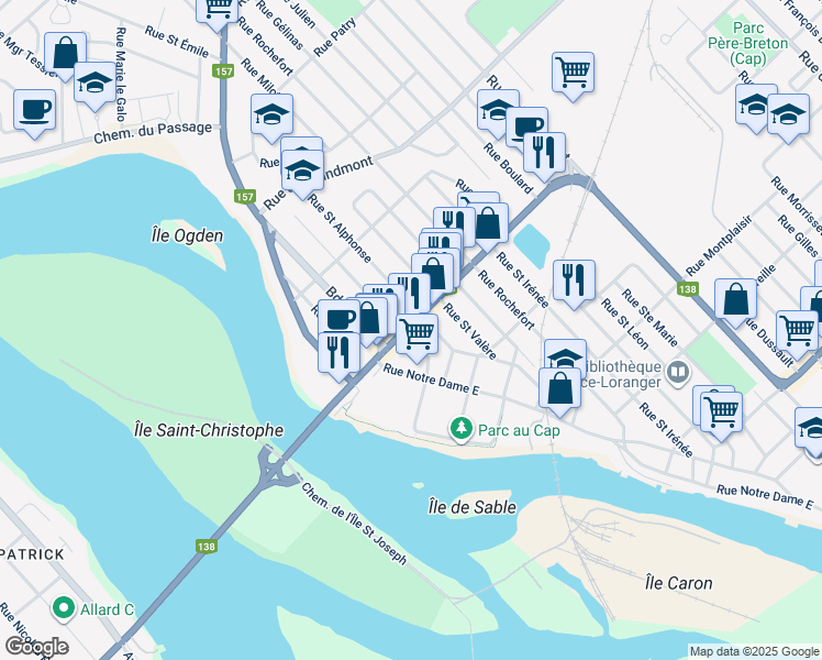 map of restaurants, bars, coffee shops, grocery stores, and more near 65 A Rue Fusey in Trois-Rivières