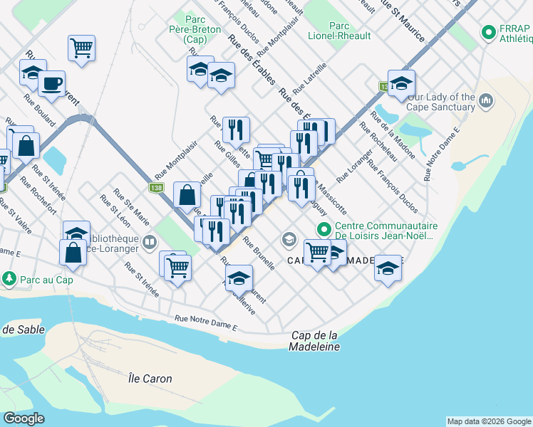 map of restaurants, bars, coffee shops, grocery stores, and more near 146 Rue Lorette in Trois-Rivières