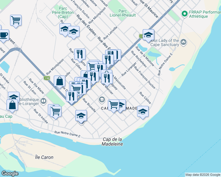 map of restaurants, bars, coffee shops, grocery stores, and more near 128 Rue Loranger in Trois-Rivières