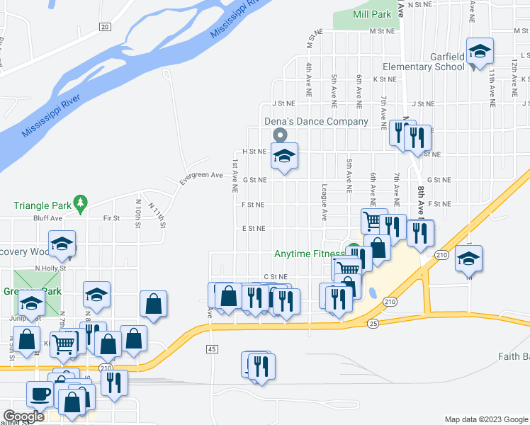 map of restaurants, bars, coffee shops, grocery stores, and more near 520 2nd Avenue Northeast in Brainerd