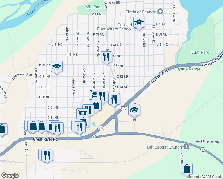 map of restaurants, bars, coffee shops, grocery stores, and more near 823 F Street Northeast in Brainerd