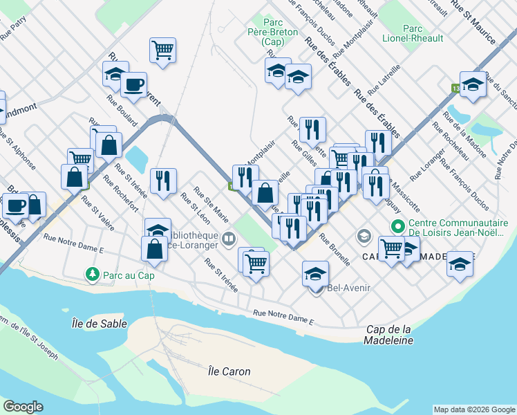 map of restaurants, bars, coffee shops, grocery stores, and more near 182 Rue Saint-Laurent in Trois-Rivières