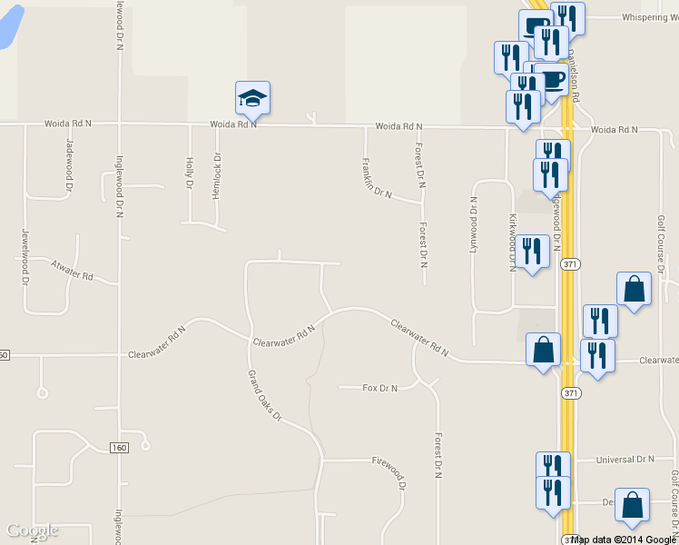 map of restaurants, bars, coffee shops, grocery stores, and more near 14706 Grand Oaks Drive in Baxter
