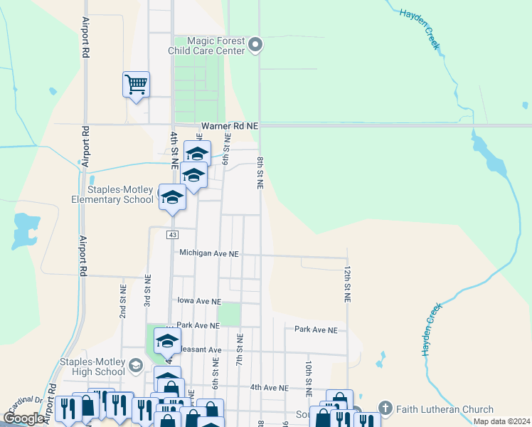 map of restaurants, bars, coffee shops, grocery stores, and more near 1010 8th Street Northeast in Staples